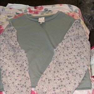 Floral Sleeve Crewneck Top for Kids - Sage Green